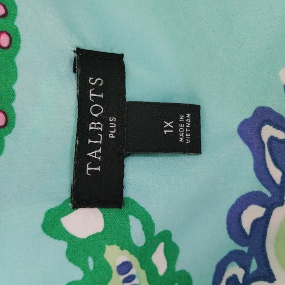 02531 Talbots aqua w/blue, pink & green cotton L/S shirt 1X - Picture 9 of 10